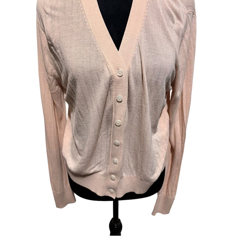 Tan V‑Neck Button‑Up Cardigan | Long Sleeve | Size L | 100% Viscose | EUC